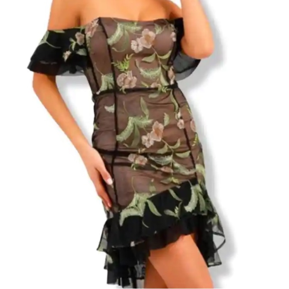 RYSE The Label, Makayla Black Floral Embroidered Off-the-Shoulder Dress, Size XS